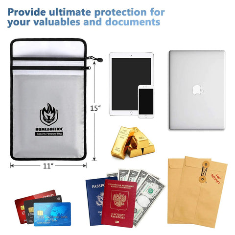 Two Pocket Fireproof Document Bag 2000 Degree Waterproof Money Bag for Cash and Important Papers, 15 by 11 Inch Zipper Organizer
