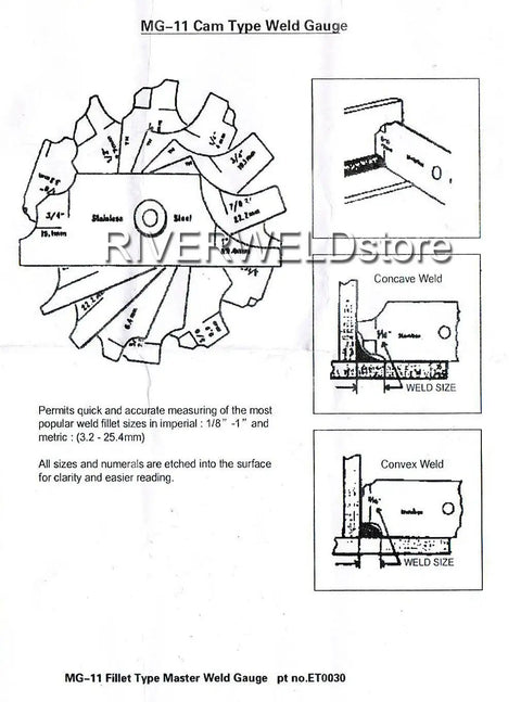Diagram of MG-11 Cam Type Weld Gauge with measurements for concave and convex welds, showing metric and inch units.