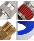 Super Quick Connect Air Coupler Kit For Compressor Tools With Premium Brass And Steel Pneumatic Fitting Set In 1/4 Inch NPT Size For Garage Auto Shop Use To Maximize Workflow Efficiency Today. Close-up of brass and steel 1/4 inch NPT fittings with thread seal tape