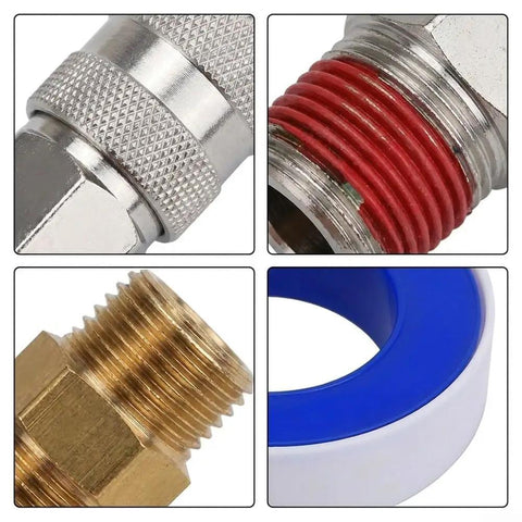 Super Quick Connect Air Coupler Kit For Compressor Tools With Premium Brass And Steel Pneumatic Fitting Set In 1/4 Inch NPT Size For Garage Auto Shop Use To Maximize Workflow Efficiency Today. Close-up of brass and steel 1/4 inch NPT fittings with thread seal tape