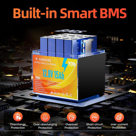 12V 15Ah LiFePO4 Battery With Built-In BMS, 4000+ Deep Cycles, Waterproof, Lightweight 3.5 Lb on electronic circuit background