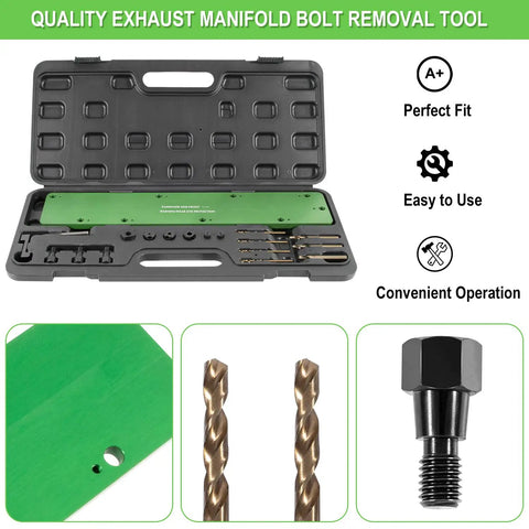 Heavy Duty Exhaust Manifold Drill Template Bolt Removal Tool Kit For Dodge 5.7L Hemi And Ram 1500 with cobalt twist bits in a case.