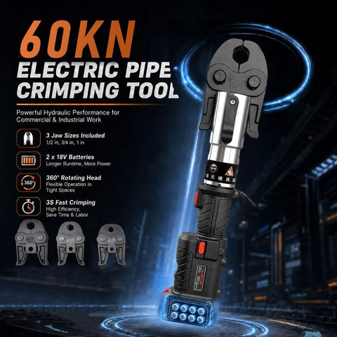 Image of Heavy Duty 21V Cordless Pipe Crimping Tool With Brushless Motor And High Carbon Steel Build featuring 3 jaws and batteries.