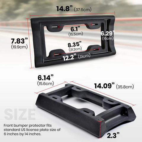 2.3 Inch Thick Rubber License Plate Bumper Guard With Screws Included Front Bumper Protector dimensions shown