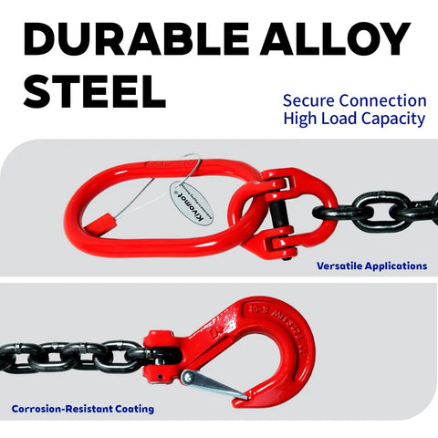 G80 Alloy Lifting Chain Sling For Heavy Lifts 6600 Pound Capacity Six Foot Length Three Eighths Inch Chain Diameter with red hooks.