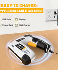 Straight Up Hassle Free Cordless Electric Staple Gun And Brad Nailer Combo charging with Type-C USB cable on a wooden surface.