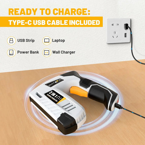 Straight Up Hassle Free Cordless Electric Staple Gun And Brad Nailer Combo charging with Type-C USB cable on a wooden surface.