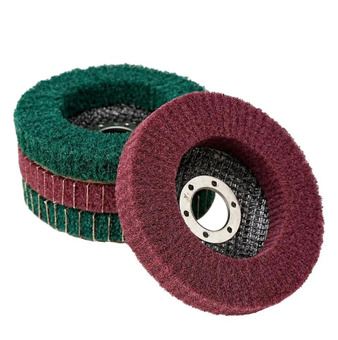 Versatile Non-Woven Flap Polishing Wheel Disc For Angle Grinders To Smooth Metal Wood And DIY Home Projects With Sandpaper Finish In Vibrant Green, featuring green and maroon colors.