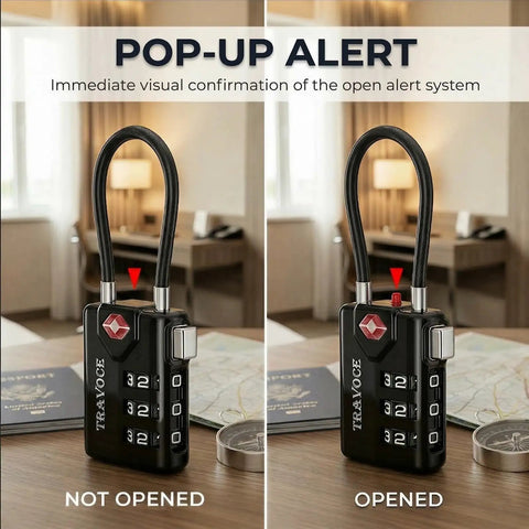 TSA Approved 3 Digit Combination Cable Locks, Heavy Duty 4 Pack With Red Search Alert For Luggage shown not opened and opened.