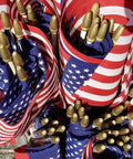 Close-up of 12 Pack Small American Flags 4x6 Inches Hand Held Stick Flags Spear Top Made In USA Patriotic Mini Flags For Parades