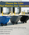 Rugged Build Tilt Truck Dump Cart Boasts Half Cubic Yard Volume And 300 Pound Weight Limit in blue, gray, and black colors for job site use.