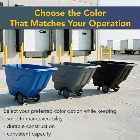 Rugged Build Tilt Truck Dump Cart Boasts Half Cubic Yard Volume And 300 Pound Weight Limit in blue, gray, and black colors for job site use.