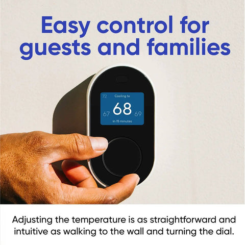 Person adjusting Smart WiFi Thermostat With App Control For Alexa And Google Assistant, No-Fuss DIY Install In Under 30 Minutes, 2.4 GHz WiFi Only, Works With Most Home Systems, C Wire Adapter Included, Black