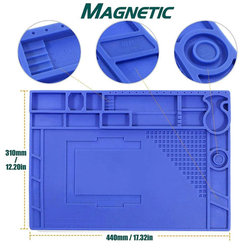 Anti Slip Magnetic Silicone Work Mat Heat Resistant Up To 932 Degrees Fahrenheit, 500 Degrees Celsius Large 17.32 By 12.20 Inches Soldering Pad with compartments