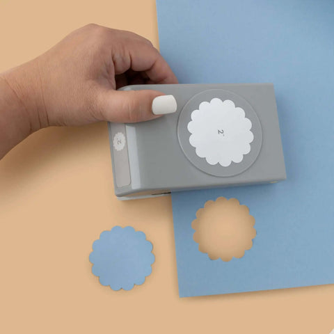 Hand using 2 Inch Scallop Circle Paper Punch For Scrapbooks And Card Making, Metal Craft Punch With Stackable Design That Locks Shut, Gray Finish