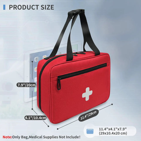 Compact First Aid Organizer Bag With Multiple Compartments For Travel Camping Hiking Car Home Use Red Emergency Medical Kit With Quick Access Transparent Pockets And Easy Grab Handle shown in red with dimensions and white cross on front.