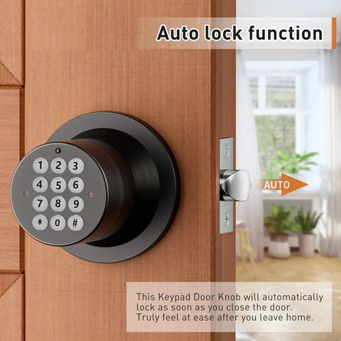 Keyless Entry Door Lock With Keypad And Smart Code, No Keys Needed, 15 Digit Password in oil rubbed bronze finish on door