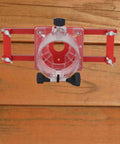 Zunate wood trimmer router base by Amazon, red aluminum frame with clear centering ring and black adjustment knob