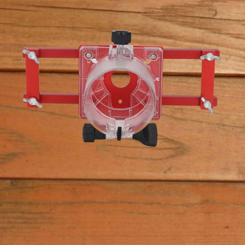 Zunate wood trimmer router base by Amazon, red aluminum frame with clear centering ring and black adjustment knob