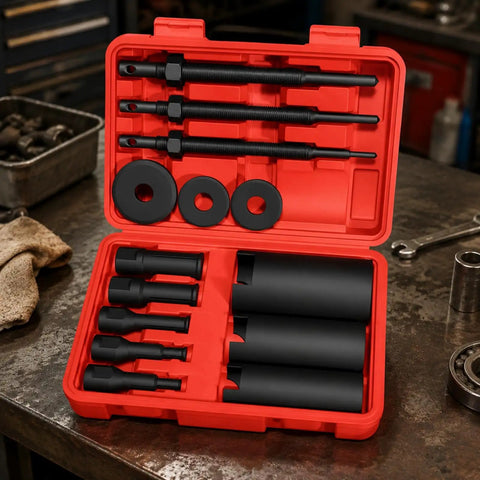 Heavy Duty 14 Pieces Bearing Removal Tool Kit With Adjustable Inner Bearing Pullers For Home Mechanics And Motorcycle Repair Featuring High Hardness Steel Plus An Organized Storage Red Carrying Case So Your Daily Garage Grind Is Super Smooth open case with pullers and adapters