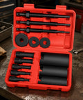 Hefty 14 Piece Inner Bearing Removal Puller Tool Kit For Grease Monkeys And Home Shed Builders With Red Carrying Case Designed For Tough Motorcycle Repairs Or Heavy Duty Service Work On Your Rig With Reliable Performance Every Single Day. 45# steel parts in red case