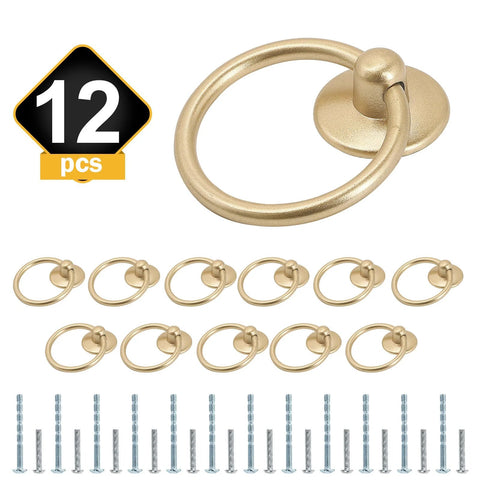 Champagne Gold Drop Ring Drawer Pulls Set Of 12 For Cabinets And Dressers with screws shown in packaging layout
