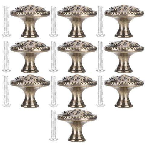 Retro Zinc Alloy Cabinet Pull Handles Set, 10 Pack, 17x10x9, Antique Brass Finish, knob design with screws, arranged in grid