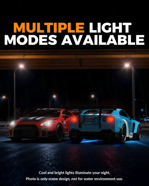 Crazy Fast 1 To 20 Scale RC Drift Car With LED Lights 4WD Remote Control Vehicle showcasing multiple light modes at night.