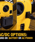 Beefy Industrial High Velocity Floor Fan With AC DC Dual Power, 18 Inch Barrel showing AC and DC power options