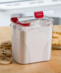 Flour Keeper Airtight Storage Container For Flour Sugar And Dry Goods 5 Lb Capacity BPA Free Easy Pour Design with baked goods.