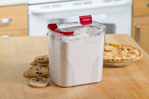 Flour Keeper Airtight Storage Container For Flour Sugar And Dry Goods 5 Lb Capacity BPA Free Easy Pour Design with baked goods.