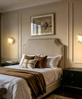 Alabaster Wall Sconce, 7.5" Natural Marble Wall Lamp with Milk Glass Shade illuminating a stylish bedroom decor.