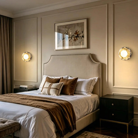 Alabaster Wall Sconce, 7.5" Natural Marble Wall Lamp with Milk Glass Shade illuminating a stylish bedroom decor.
