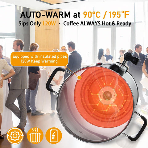 Top view of 120 Cup Commercial Coffee Urn For Catering And Events, 20L Stainless Steel Percolator With 1300W Quick Brew, One Touch Brewing.