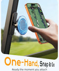 Using MagSafe Compatible Golf Cart Phone Holder Mount with Ultra Strong Magnets on EZGO cart, one-hand operation visible.