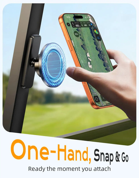 Using MagSafe Compatible Golf Cart Phone Holder Mount with Ultra Strong Magnets on EZGO cart, one-hand operation visible.