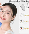 Premium Screw On Titanium Glasses Nose Pads No Sweat Anti Slip Bridge Piece That Absolutely Stays Put Ergonomic Shape in use with user smiling.