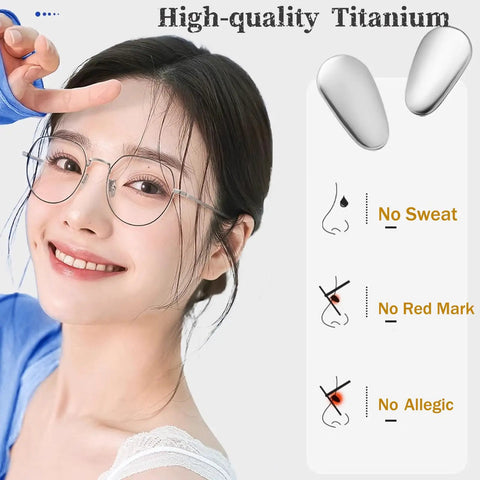 Premium Screw On Titanium Glasses Nose Pads No Sweat Anti Slip Bridge Piece That Absolutely Stays Put Ergonomic Shape in use with user smiling.