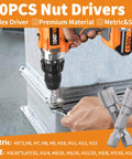 228 Piece Pro Grade Screwdriver Bit Set with Magnetic Bit Holder in use with nut drivers and hex driver on metal surface