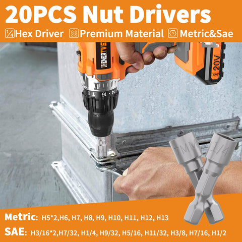 228 Piece Pro Grade Screwdriver Bit Set with Magnetic Bit Holder in use with nut drivers and hex driver on metal surface