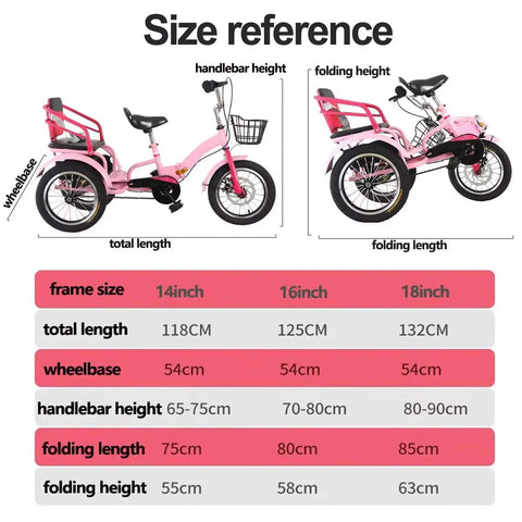Size reference for Folding Tricycle With Rear Passenger Seat And Backrest In PU Leather Adjustable Height Tandem Rickshaw Pedal Bike Dual Brakes