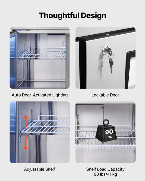 Interior view of Tough 72 Inch Wide Commercial Undercounter Freezer With Triple Locking Doors And Smooth Rolling Casters detailing adjustable shelves and lockable door.