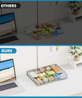Expandable Desk Drawer Organizer Mesh Tray With 10 Adjustable Compartments displaying neatly sorted office supplies on a desk.