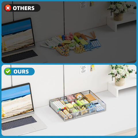 Expandable Desk Drawer Organizer Mesh Tray With 10 Adjustable Compartments displaying neatly sorted office supplies on a desk.