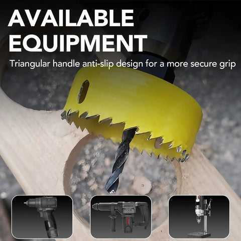 Close-up of Pro Level 13 Piece Hole Saw Set With Arbor And Twist Drill Bits Built Tough From Heat Treated Carbon Steel in use on wood.