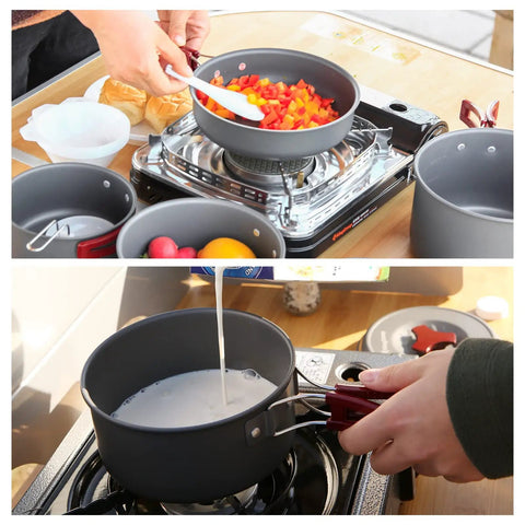 Durable Camping Cookware Set With Nonstick Hard Anodized Aluminum Pots And Pans Mess Kit For Outdoor Cooking Includes Tableware