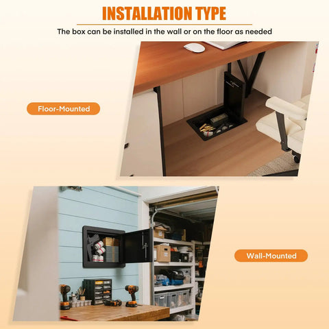 Rock Solid In Wall Steel Safe With Concealed Panel installed floor and wall showcasing installation options in home office.