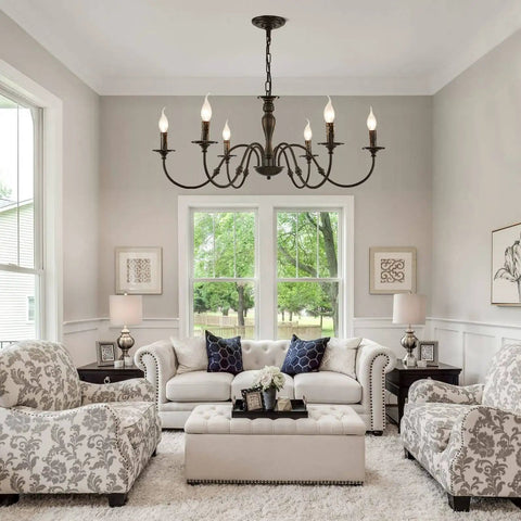 Living room with Six Light Black Farmhouse Chandelier With Rustic Industrial Iron Build Modern Metal Candle Style Ceiling Light For Living Room Dining Room Kitchen Island And Bedroom Vibe Upgrade.