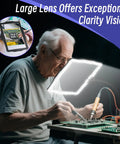 Elderly man using Big Floor Magnifying Glass With Light and Stand for electronics work, highlighting large lens clarity.