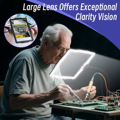 Elderly man using Big Floor Magnifying Glass With Light and Stand for electronics work, highlighting large lens clarity.